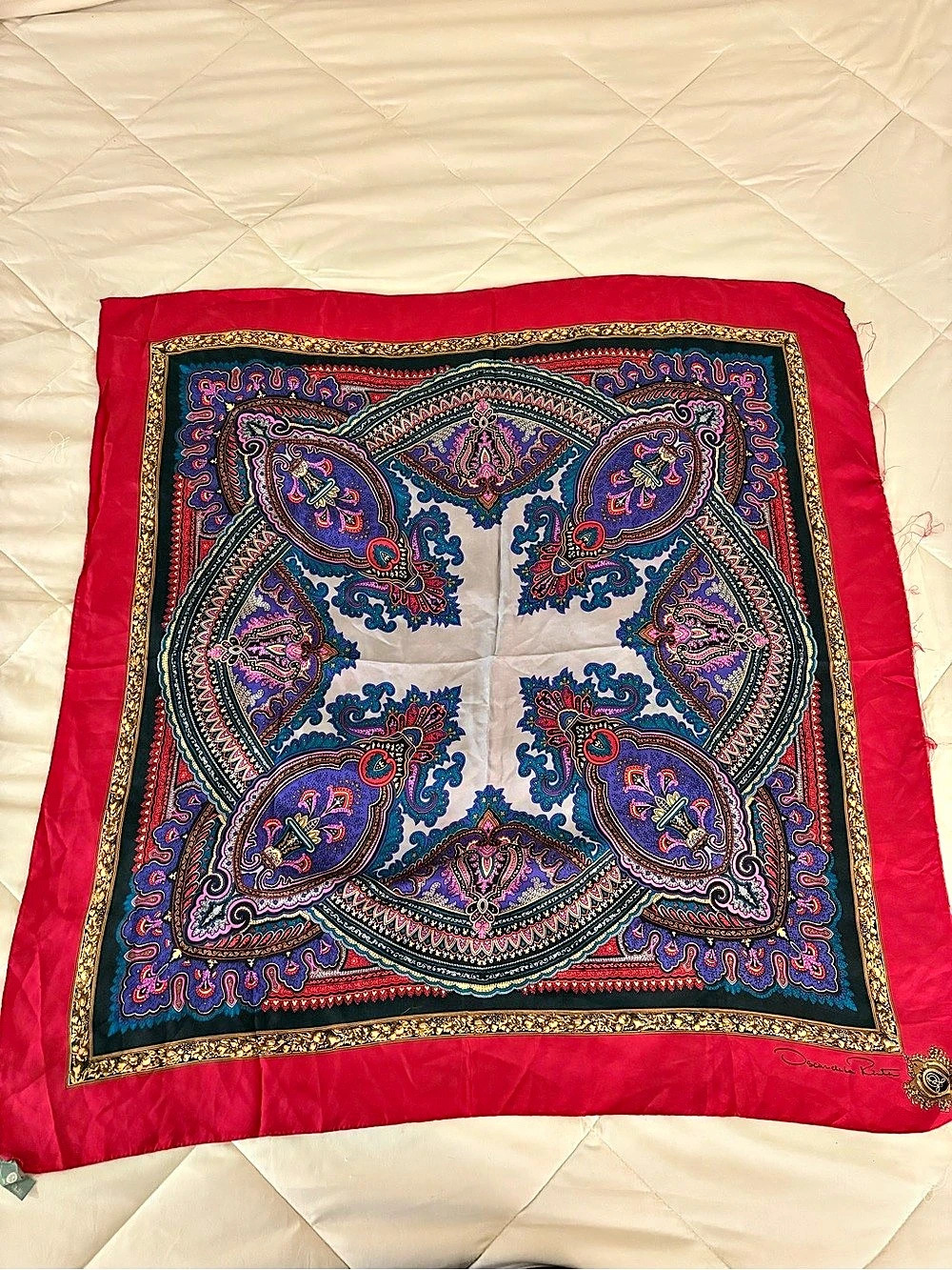 Oscar de la Renta Vintage Paisley Silk Square Scarf Red & Blue